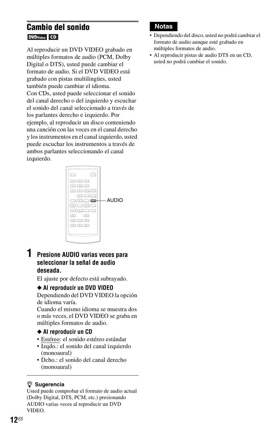 Cambio del sonido, Presione, Notas | Sony DVP-FX820 User Manual | Page 56 / 60