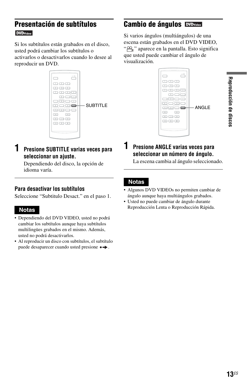 Presentación de subtítulos, Cambio de ángulos, Para desactivar los subtítulos | Notas, Presione, Dependiendo del disco, la opción de idioma varía, Seleccione “subtitulo desact.” en el paso 1, La escena cambia al ángulo seleccionado | Sony DVP-FX820 User Manual | Page 57 / 60