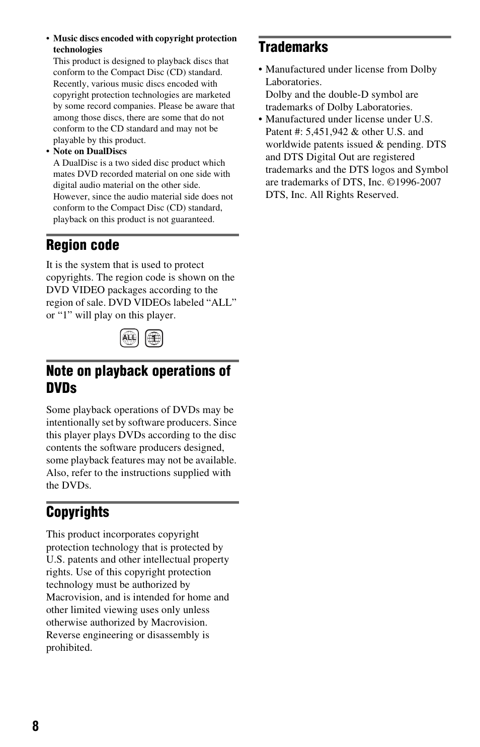 Region code, Copyrights, Trademarks | Sony DVP-FX820 User Manual | Page 8 / 60