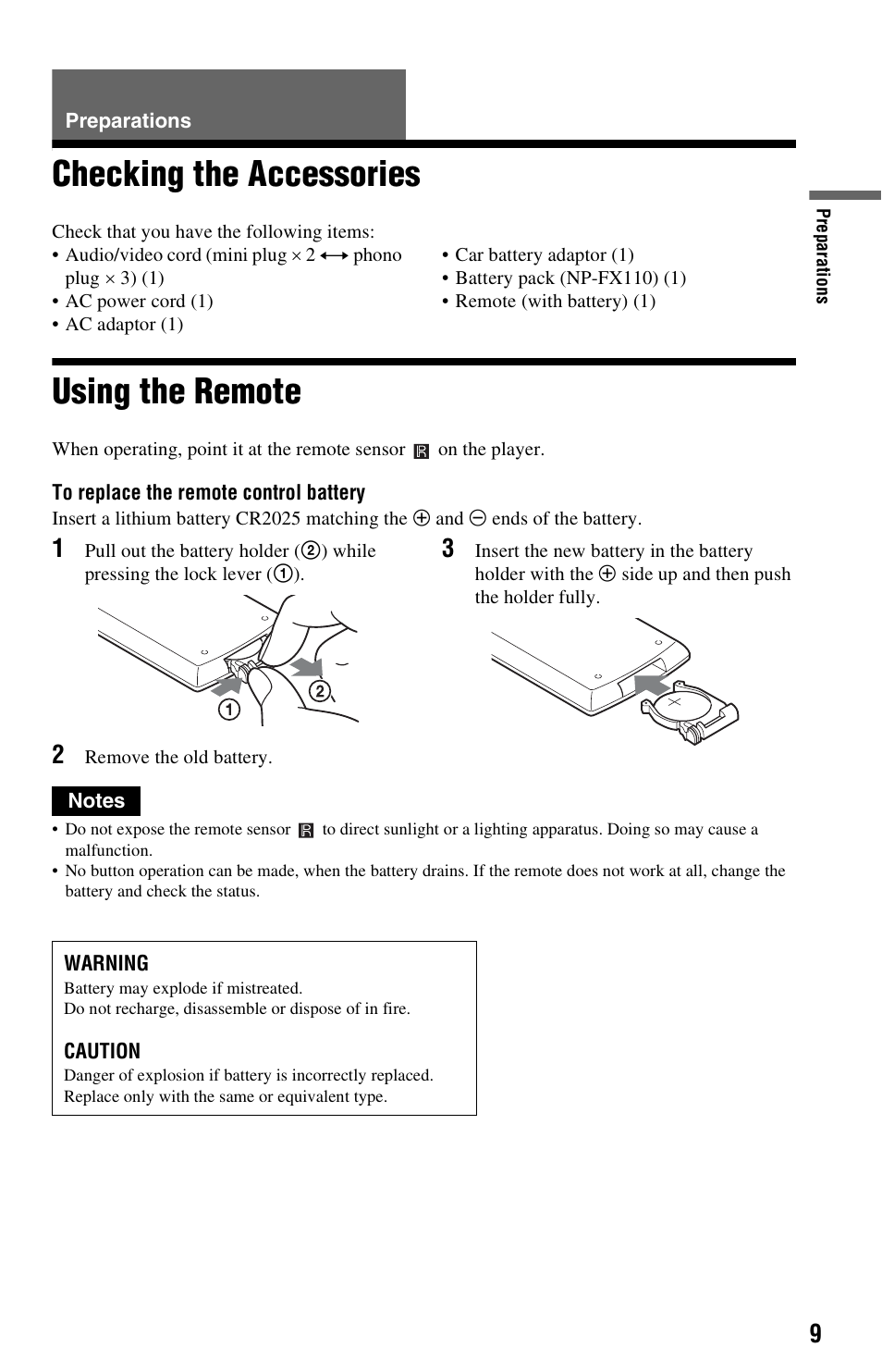 Preparations, Checking the accessories, Using the remote | Checking the accessories using the remote | Sony DVP-FX820 User Manual | Page 9 / 60