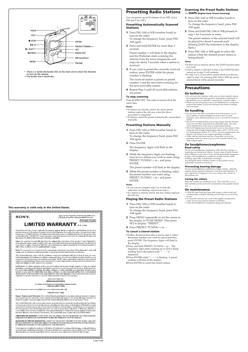 Presetting radio stations, Precautions | Sony Walkman WM-FX290W User Manual | Page 2 / 2