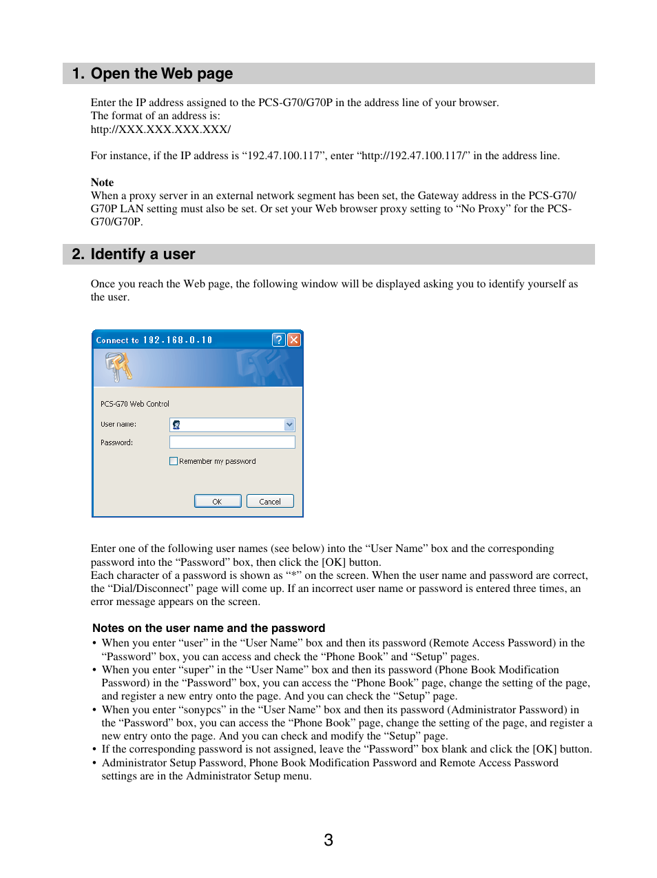 Identify a user, Open the web page | Sony PCS-G70/G70P User Manual | Page 3 / 17