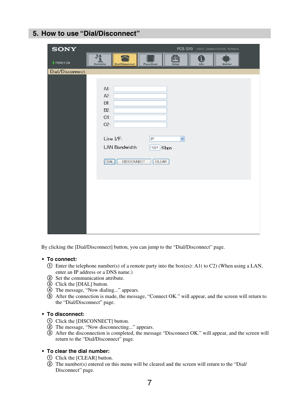 How to use “dial/disconnect | Sony PCS-G70/G70P User Manual | Page 7 / 17
