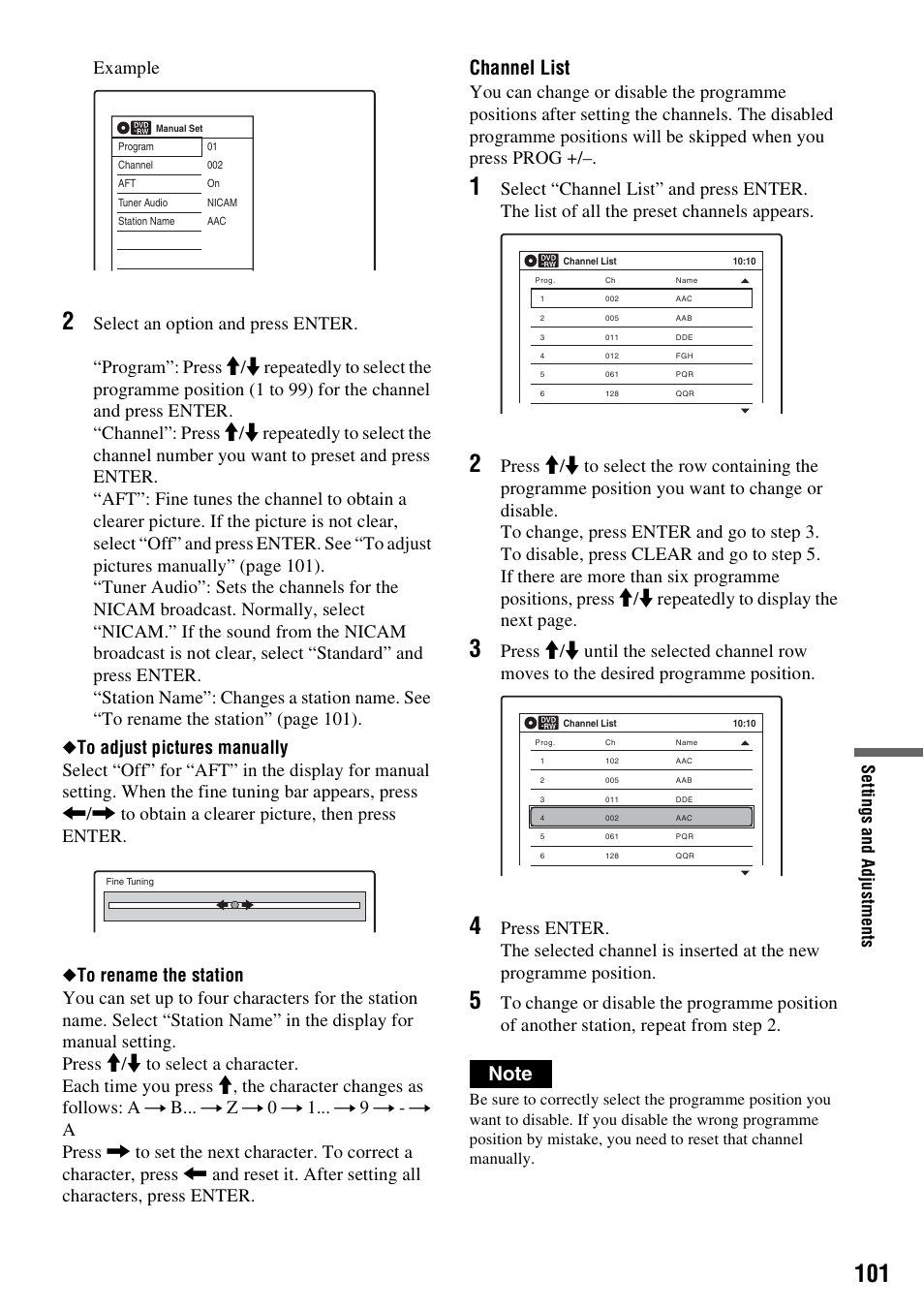 Channel list, Example, Set tin g s and ad ju st m ent s | Sony 3-213-480-12(1) User Manual | Page 101 / 132