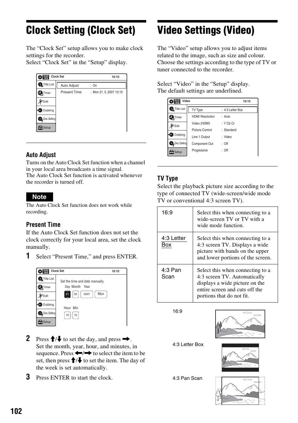 Clock setting (clock set), Video settings (video), Clock setting (clock set) video settings (video) | Auto adjust, Present time, Tv type, Select “present time,” and press enter, Press enter to start the clock | Sony 3-213-480-12(1) User Manual | Page 102 / 132