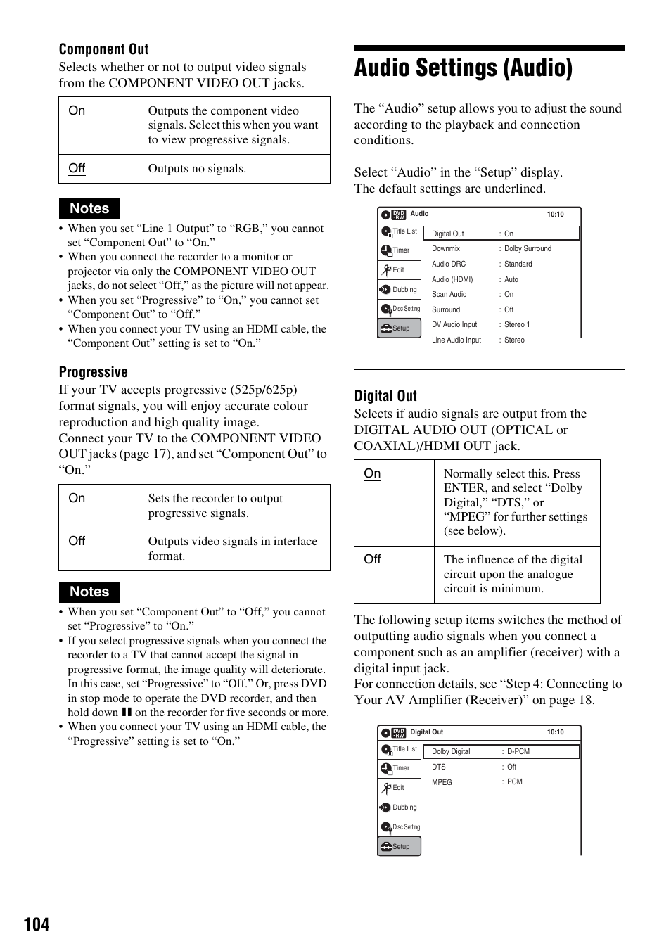 Audio settings (audio), Component out, Progressive | Digital out | Sony 3-213-480-12(1) User Manual | Page 104 / 132