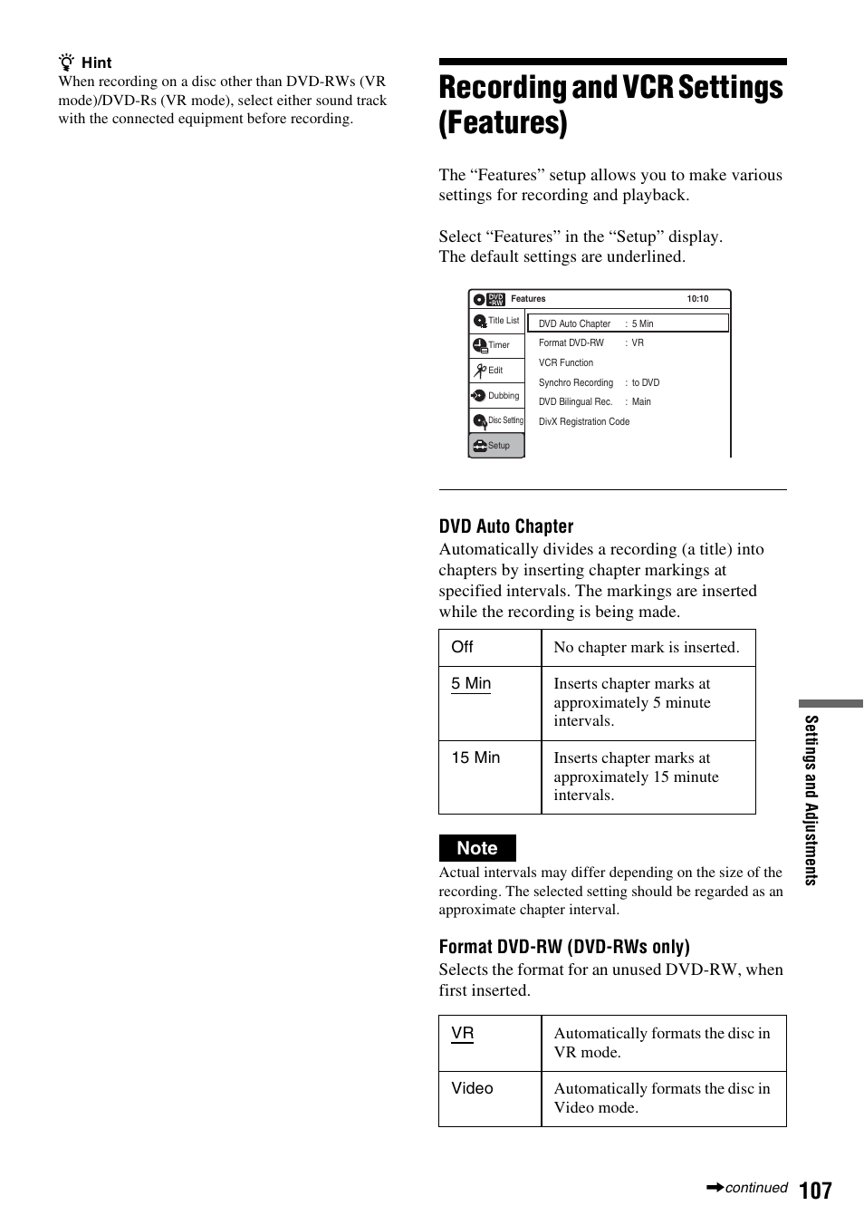 Recording and vcr settings (features), Dvd auto chapter, Format dvd-rw (dvd-rws only) | Sony 3-213-480-12(1) User Manual | Page 107 / 132