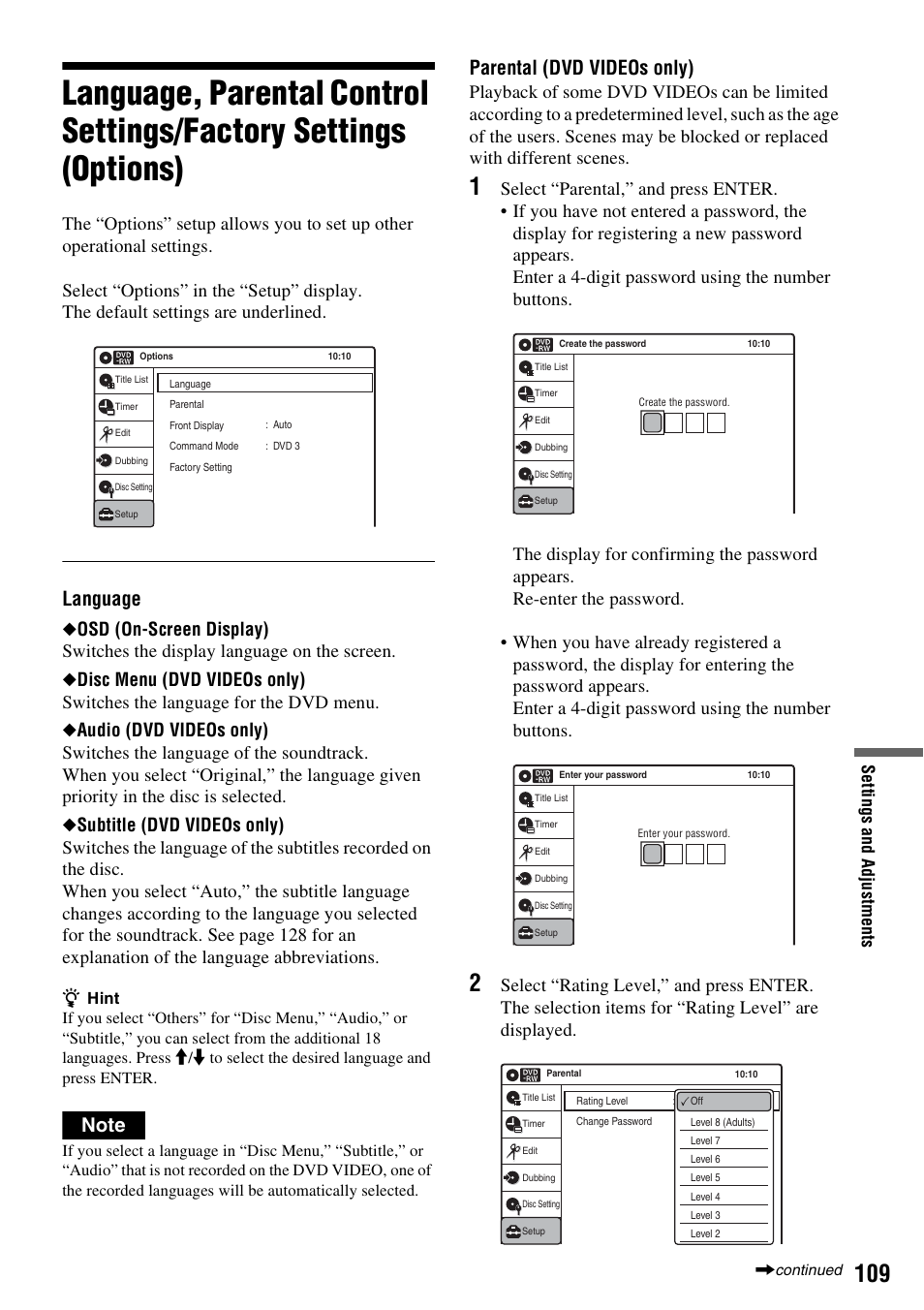 Language, Parental (dvd videos only) | Sony 3-213-480-12(1) User Manual | Page 109 / 132