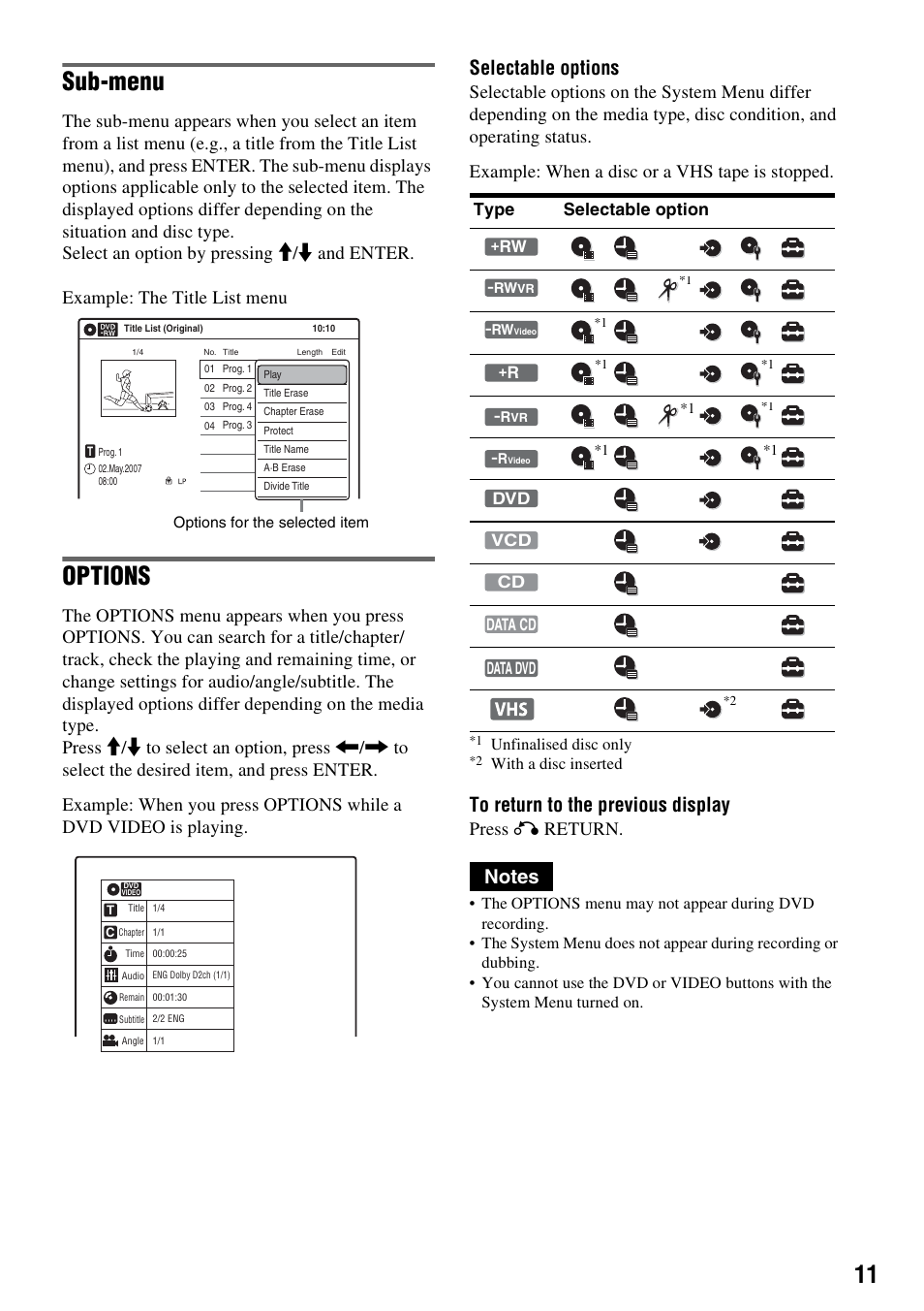 Sub-menu, Options, Selectable options | Press o return, Type selectable option, Dvd vcd cd data cd data dvd | Sony 3-213-480-12(1) User Manual | Page 11 / 132