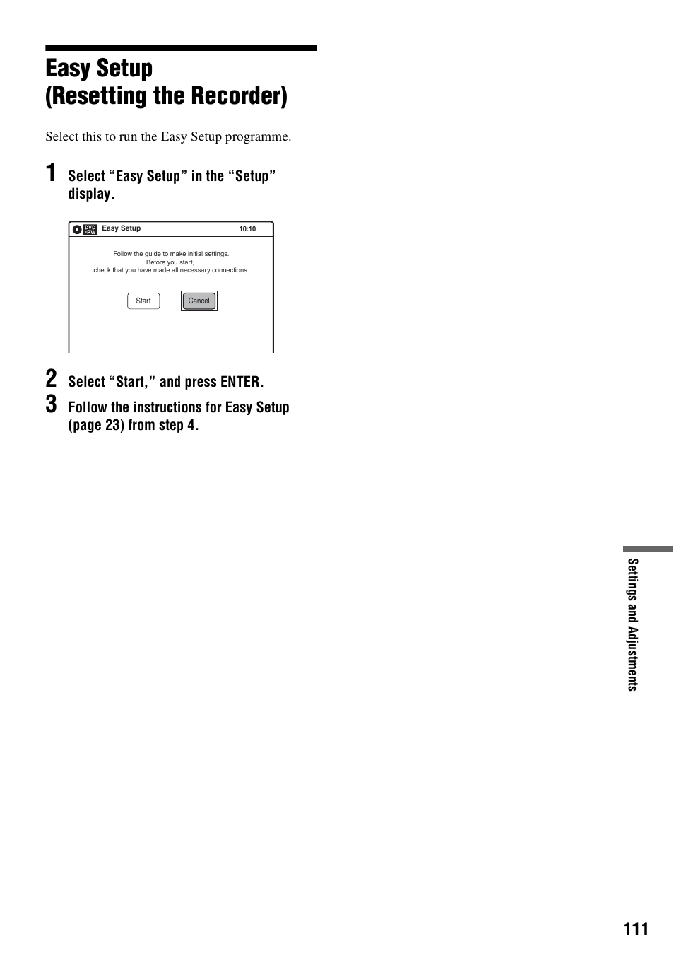 Easy setup (resetting the recorder) | Sony 3-213-480-12(1) User Manual | Page 111 / 132