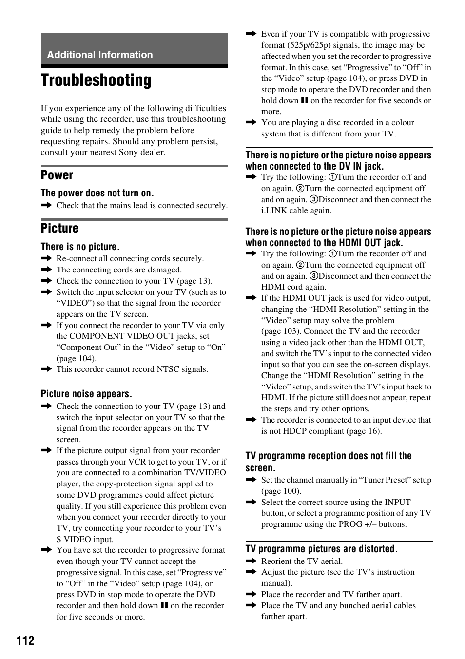 Additional information, Troubleshooting, Power | Picture | Sony 3-213-480-12(1) User Manual | Page 112 / 132