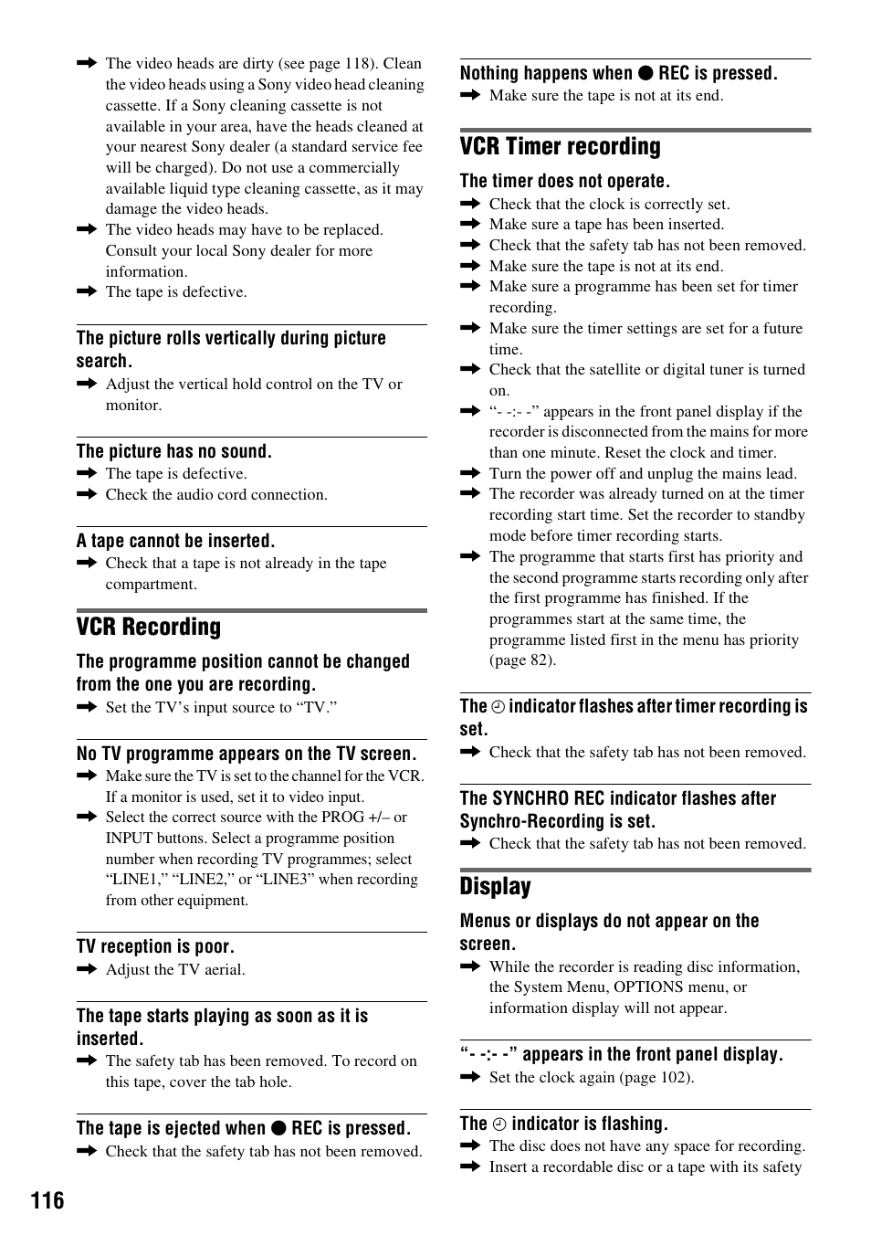 Vcr recording, Vcr timer recording, Display | Sony 3-213-480-12(1) User Manual | Page 116 / 132