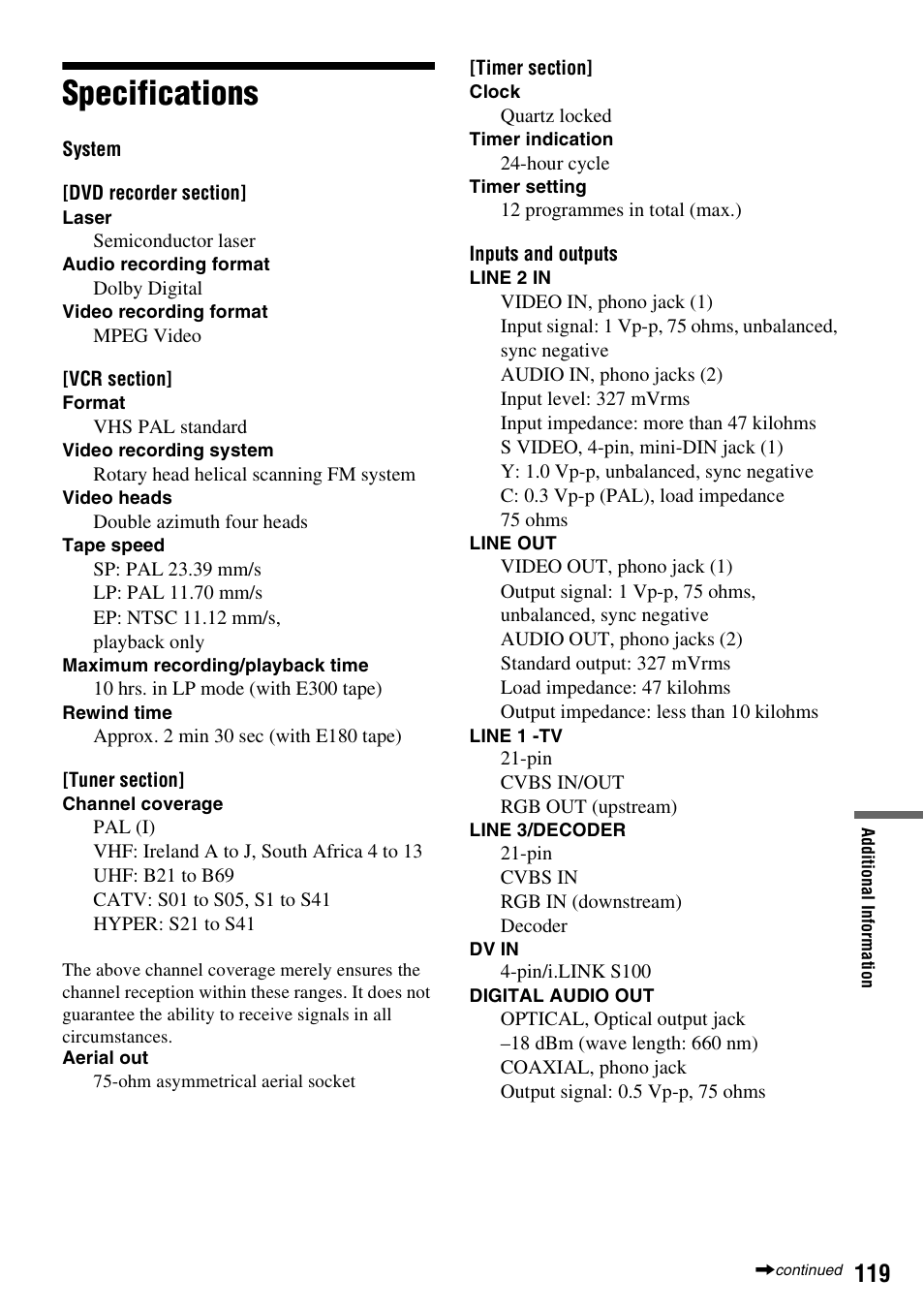 Specifications | Sony 3-213-480-12(1) User Manual | Page 119 / 132