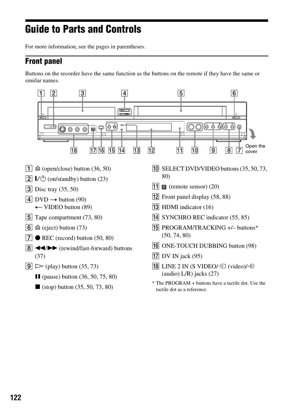 Guide to parts and controls, Front panel | Sony 3-213-480-12(1) User Manual | Page 122 / 132