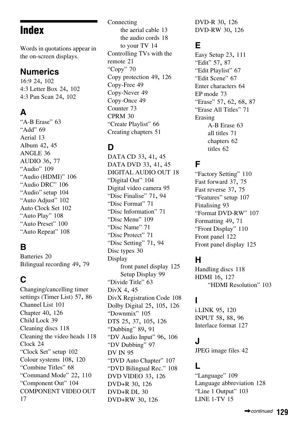Index, Numerics | Sony 3-213-480-12(1) User Manual | Page 129 / 132