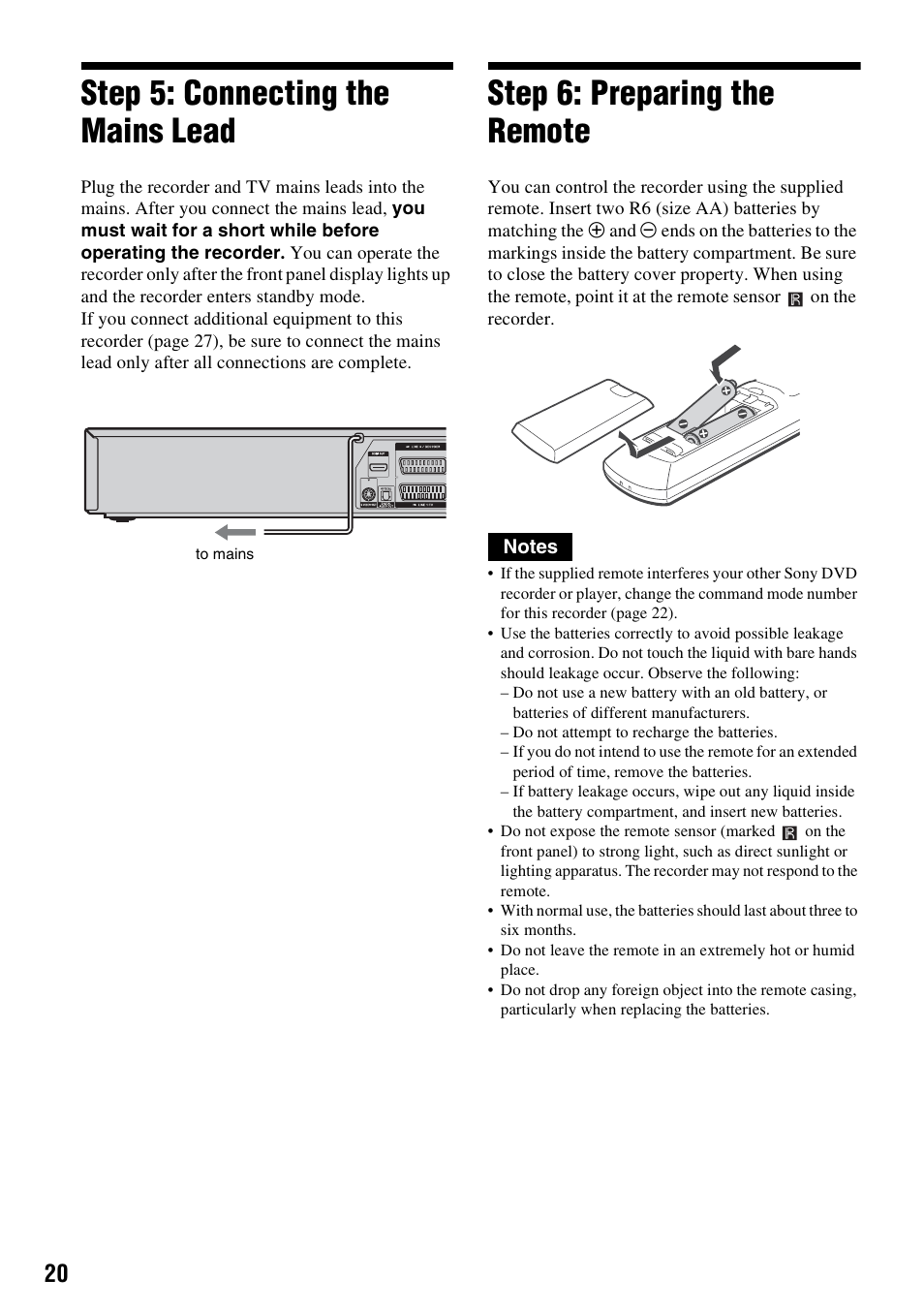 Step 5: connecting the mains lead, Step 6: preparing the remote | Sony 3-213-480-12(1) User Manual | Page 20 / 132