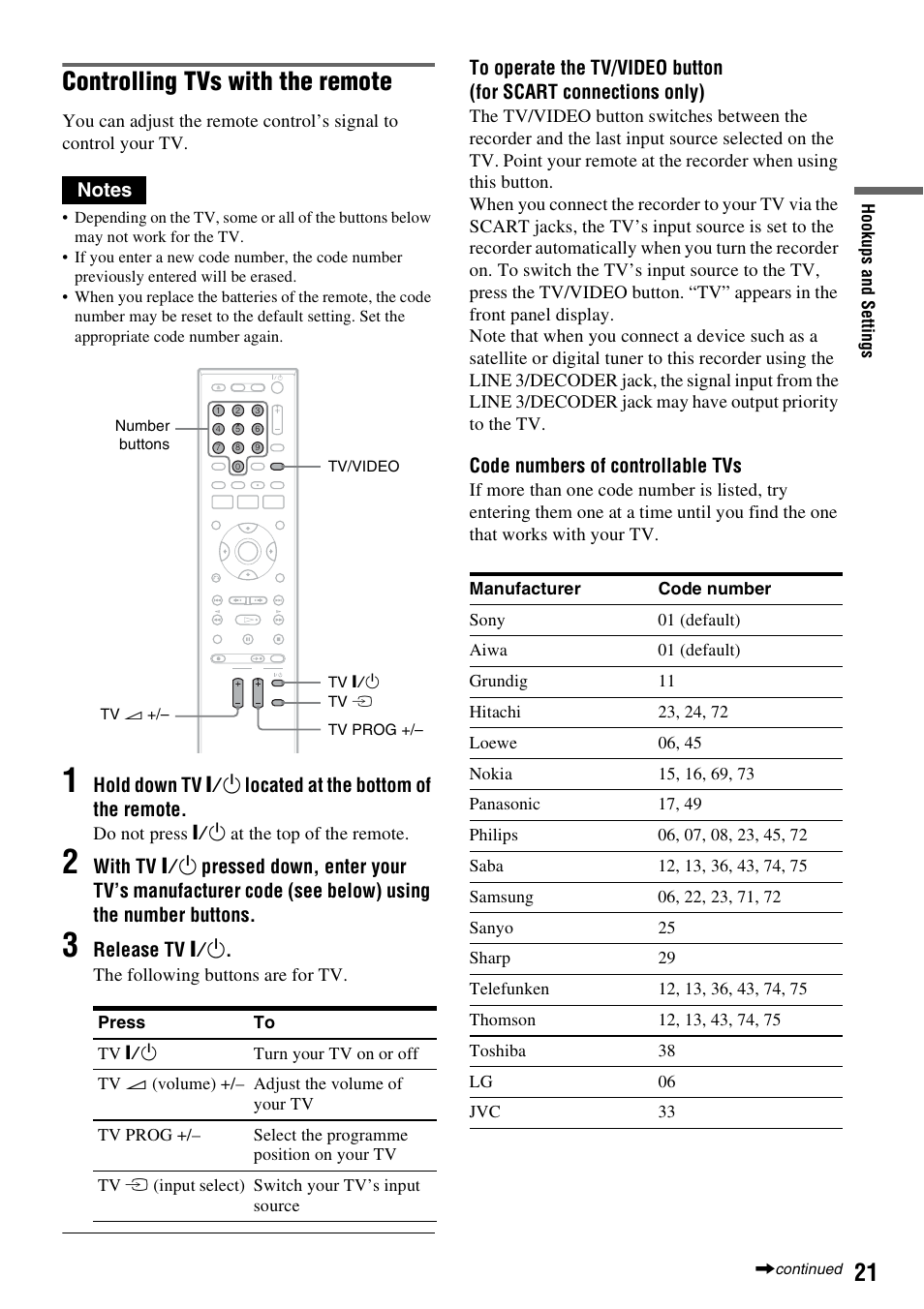 Controlling tvs with the remote, Release tv "/1, Code numbers of controllable tvs | Sony 3-213-480-12(1) User Manual | Page 21 / 132