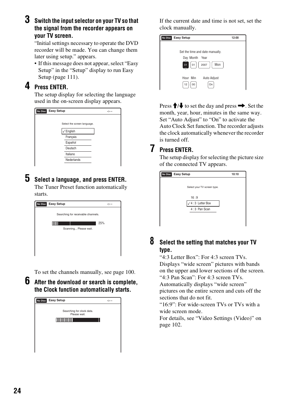 Press enter, Select a language, and press enter, Select the setting that matches your tv type | Sony 3-213-480-12(1) User Manual | Page 24 / 132