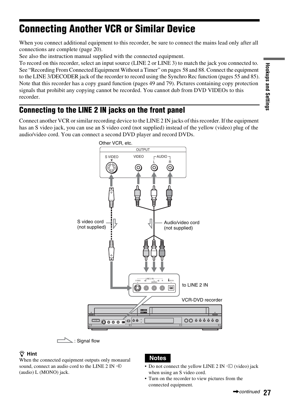 Connecting another vcr or similar device | Sony 3-213-480-12(1) User Manual | Page 27 / 132