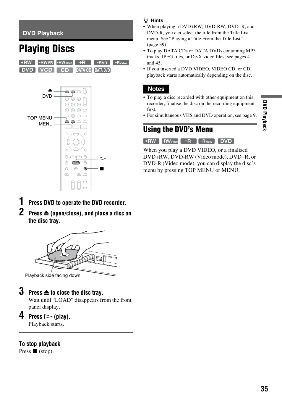 Dvd playback, Playing discs, Playing discs 1 | Using the dvd’s menu, Press dvd to operate the dvd recorder, Press z to close the disc tray, Press h (play), Playback starts, Press x (stop) | Sony 3-213-480-12(1) User Manual | Page 35 / 132