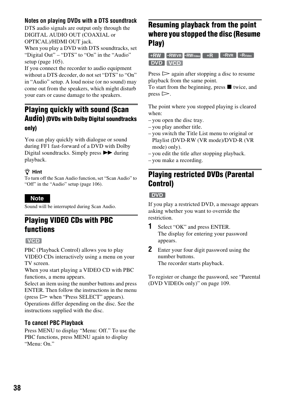 Playing quickly with sound (scan audio), Playing video cds with pbc functions, Playing restricted dvds (parental control) | Sony 3-213-480-12(1) User Manual | Page 38 / 132