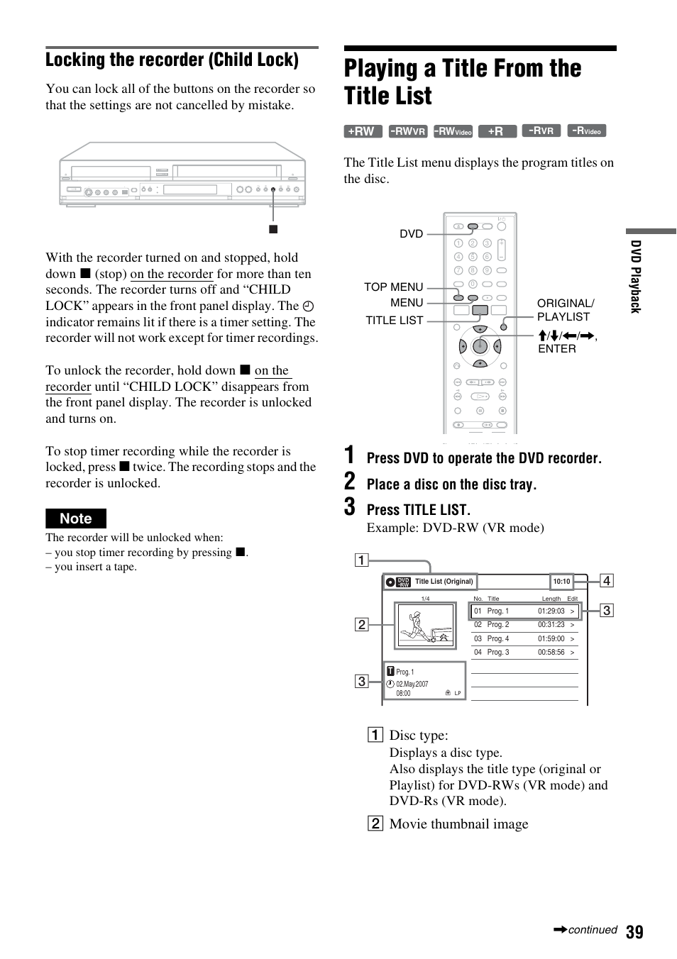 Playing a title from the title list, Locking the recorder (child lock), Press dvd to operate the dvd recorder | Place a disc on the disc tray, Press title list, A disc type, B movie thumbnail image, Example: dvd-rw (vr mode) | Sony 3-213-480-12(1) User Manual | Page 39 / 132