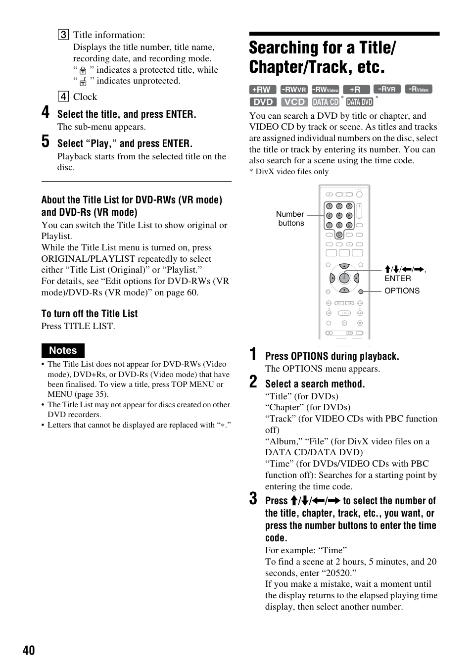 Searching for a title/ chapter/track, etc, Searching for a title/chapter/track, etc, C title information | D clock, Select the title, and press enter, Select “play,” and press enter, Press options during playback, Select a search method | Sony 3-213-480-12(1) User Manual | Page 40 / 132