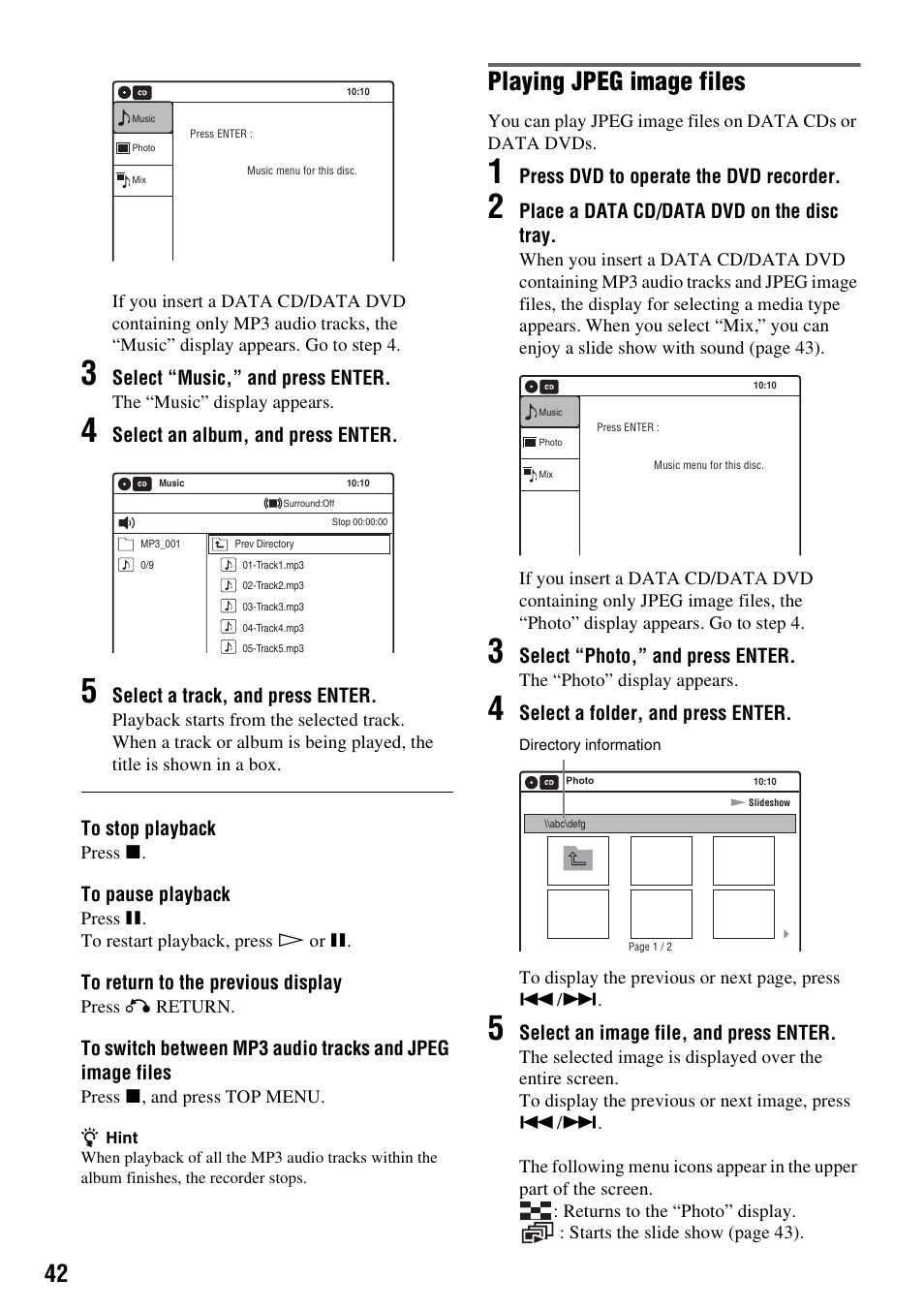 Playing jpeg image files | Sony 3-213-480-12(1) User Manual | Page 42 / 132