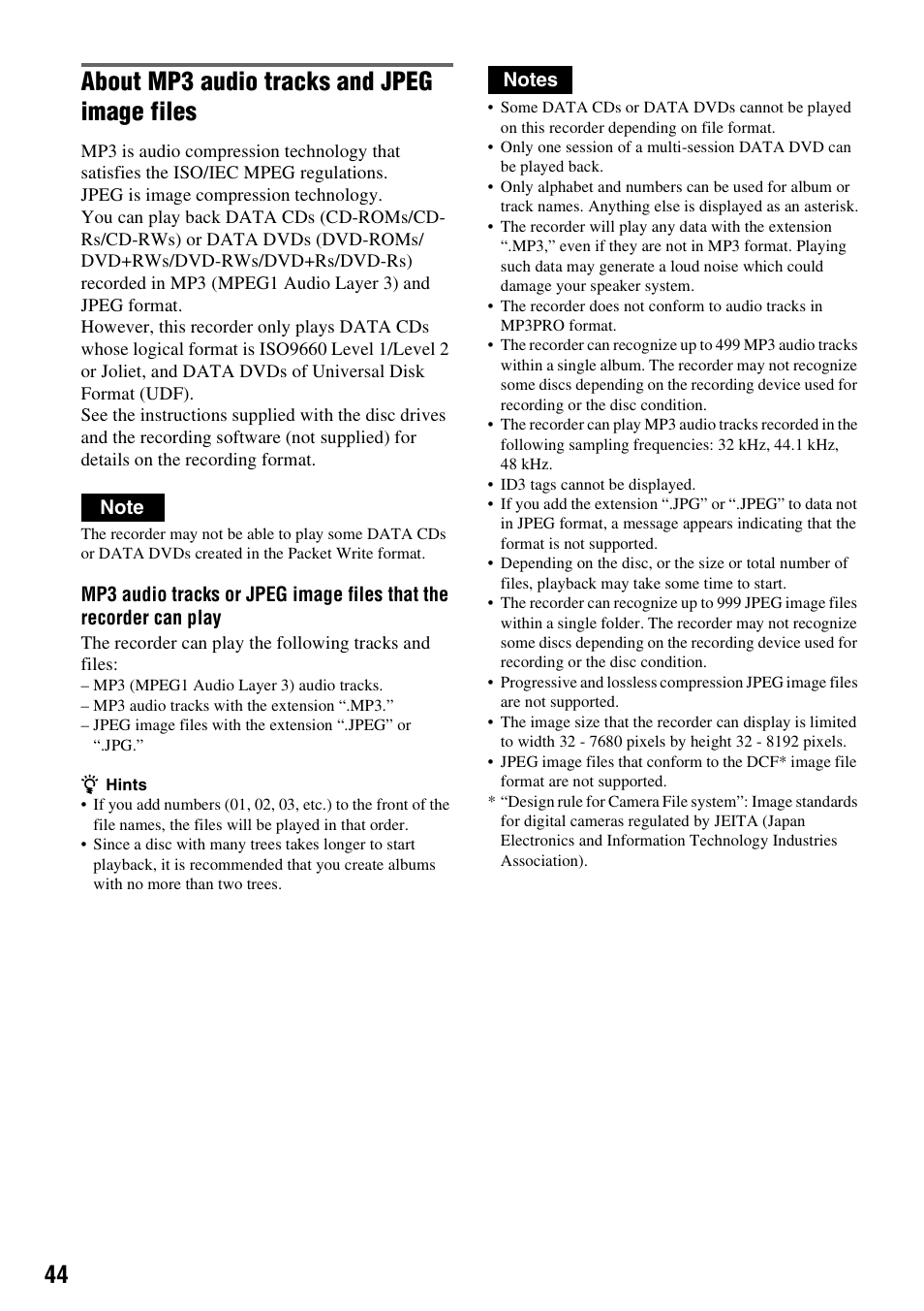 About mp3 audio tracks and jpeg image files | Sony 3-213-480-12(1) User Manual | Page 44 / 132