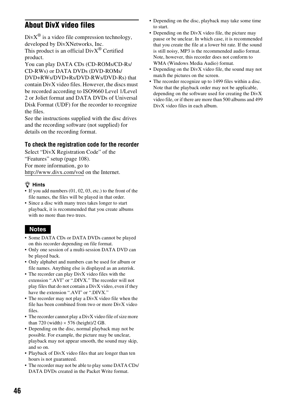 About divx video files | Sony 3-213-480-12(1) User Manual | Page 46 / 132