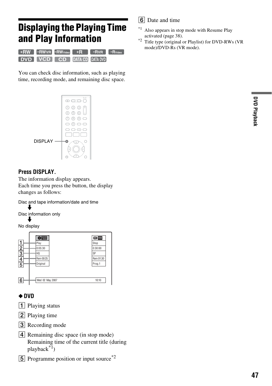 Displaying the playing time and play information, Press display, E programme position or input source | F date and time | Sony 3-213-480-12(1) User Manual | Page 47 / 132