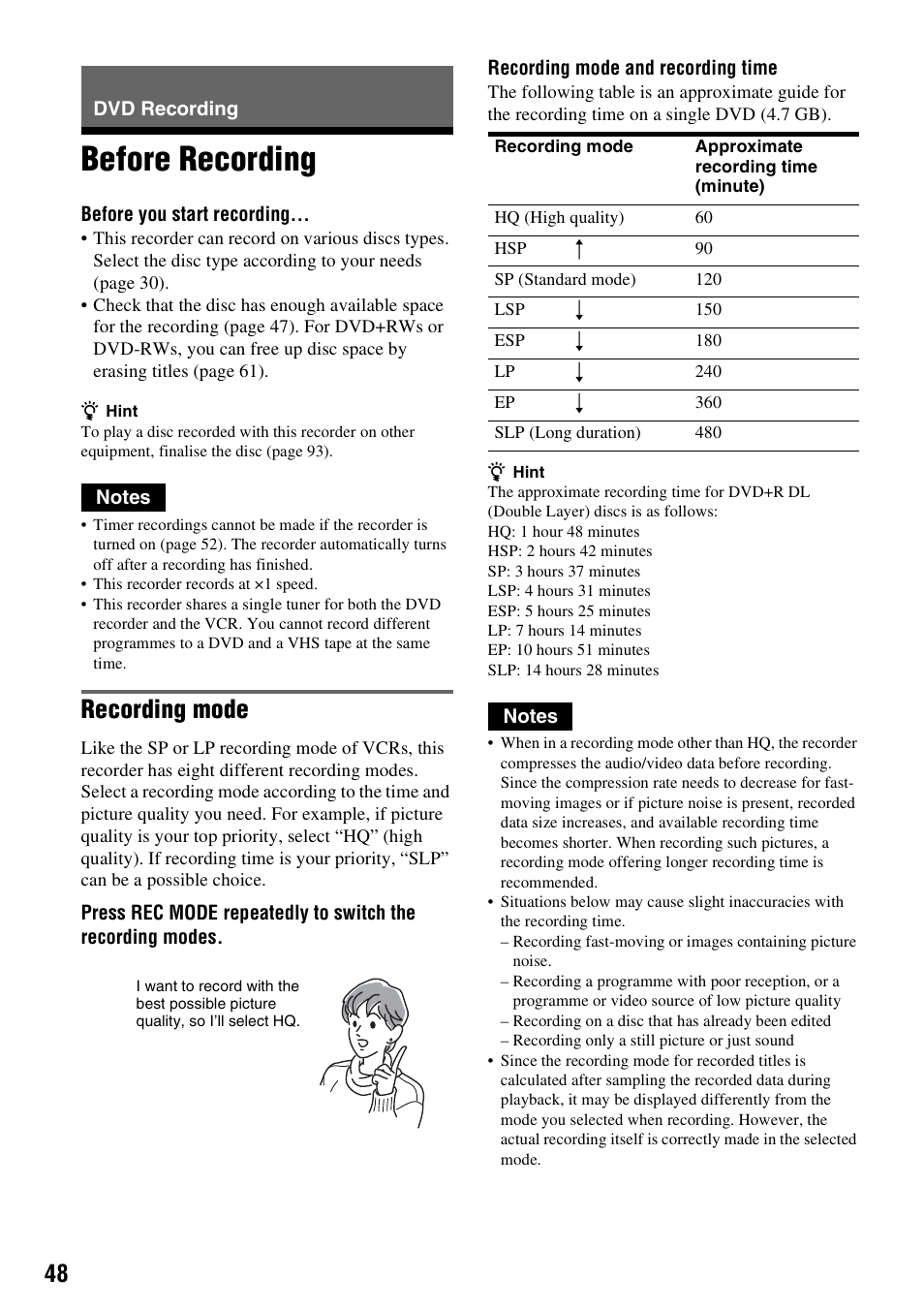 Dvd recording, Before recording, Recording mode | Sony 3-213-480-12(1) User Manual | Page 48 / 132