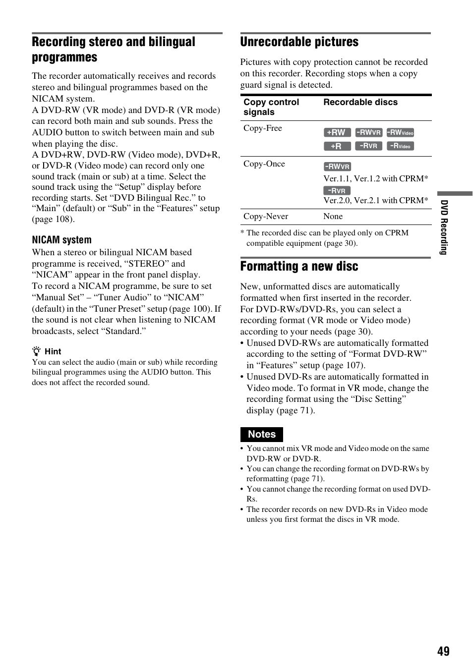 S 49 an, Recording stereo and bilingual programmes, Unrecordable pictures | Formatting a new disc, Nicam system | Sony 3-213-480-12(1) User Manual | Page 49 / 132