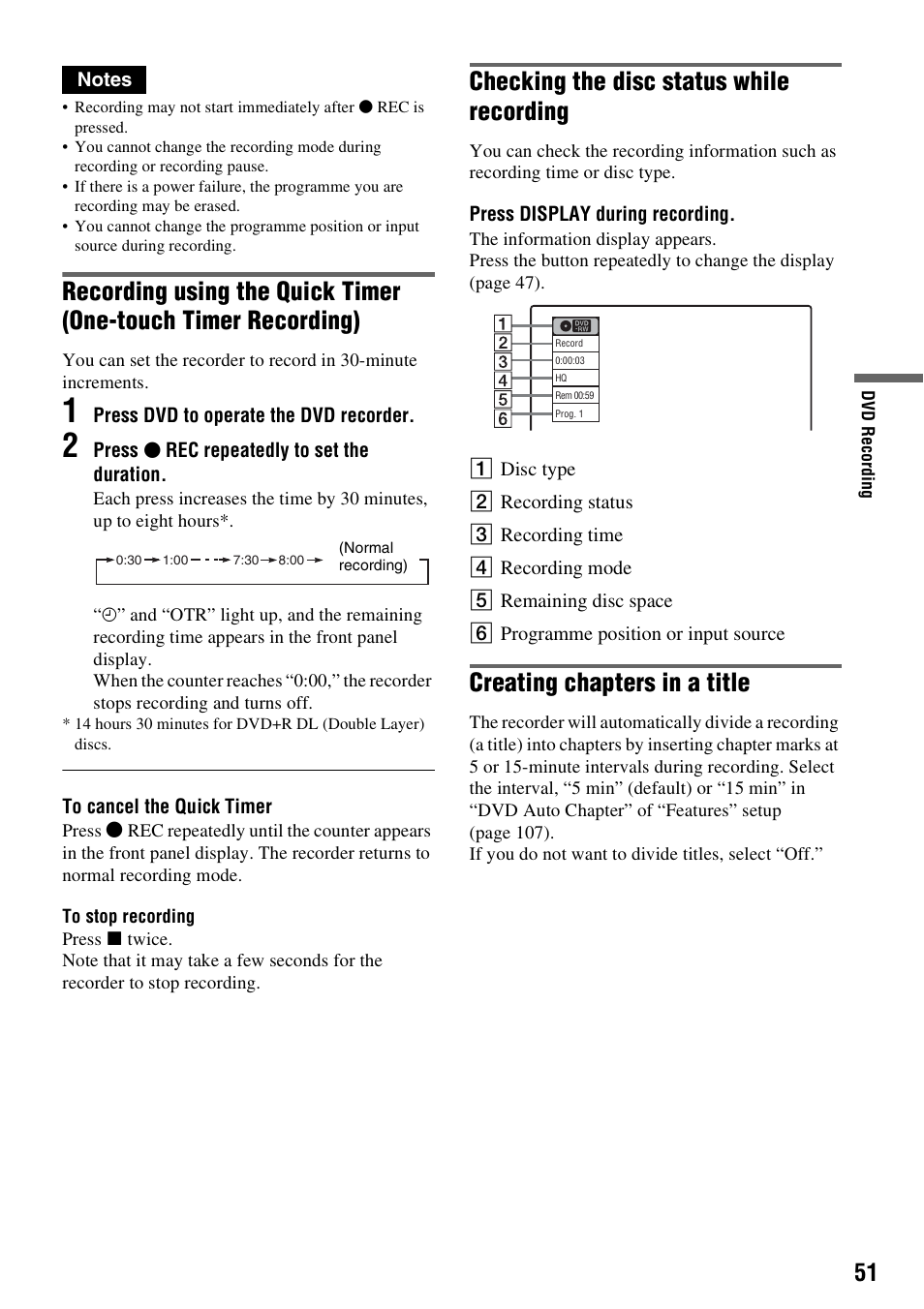 Checking the disc status while recording, Creating chapters in a title | Sony 3-213-480-12(1) User Manual | Page 51 / 132
