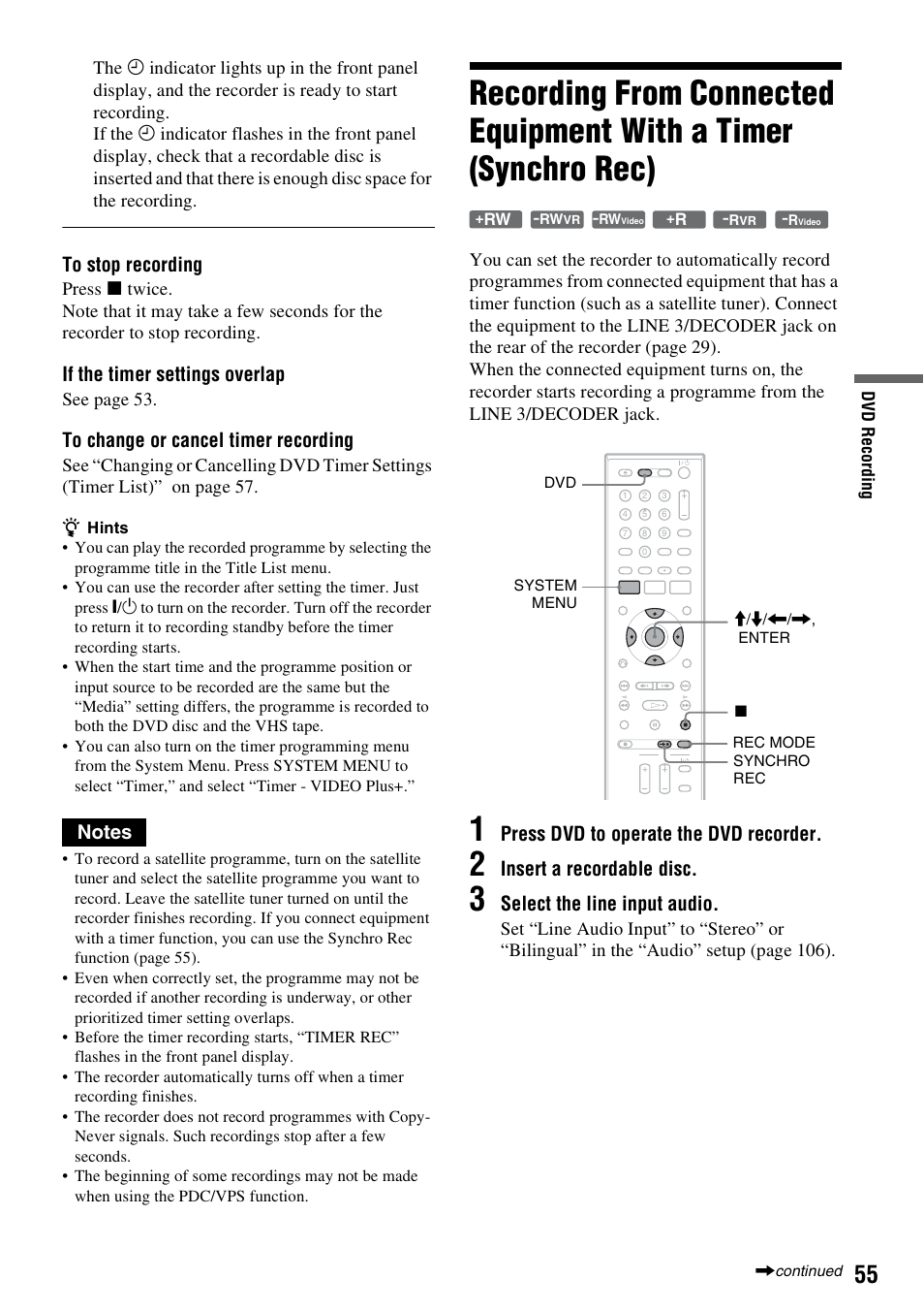 Ages 55 and, If the timer settings overlap, Press dvd to operate the dvd recorder | Insert a recordable disc, Select the line input audio, See page 53 | Sony 3-213-480-12(1) User Manual | Page 55 / 132