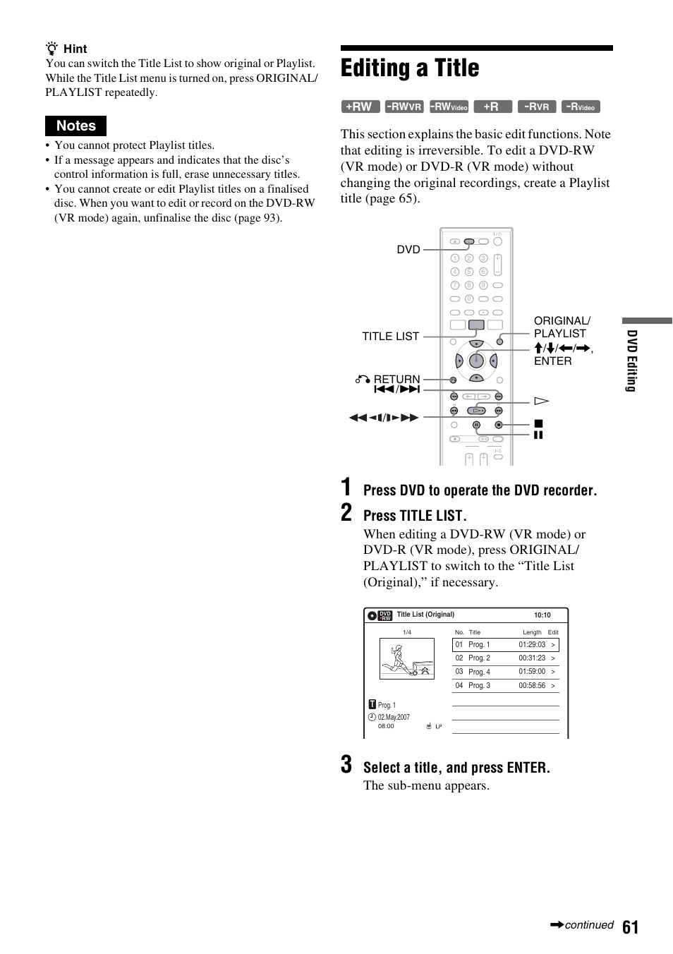 Editing a title, Press dvd to operate the dvd recorder, Press title list | Select a title, and press enter, The sub-menu appears | Sony 3-213-480-12(1) User Manual | Page 61 / 132