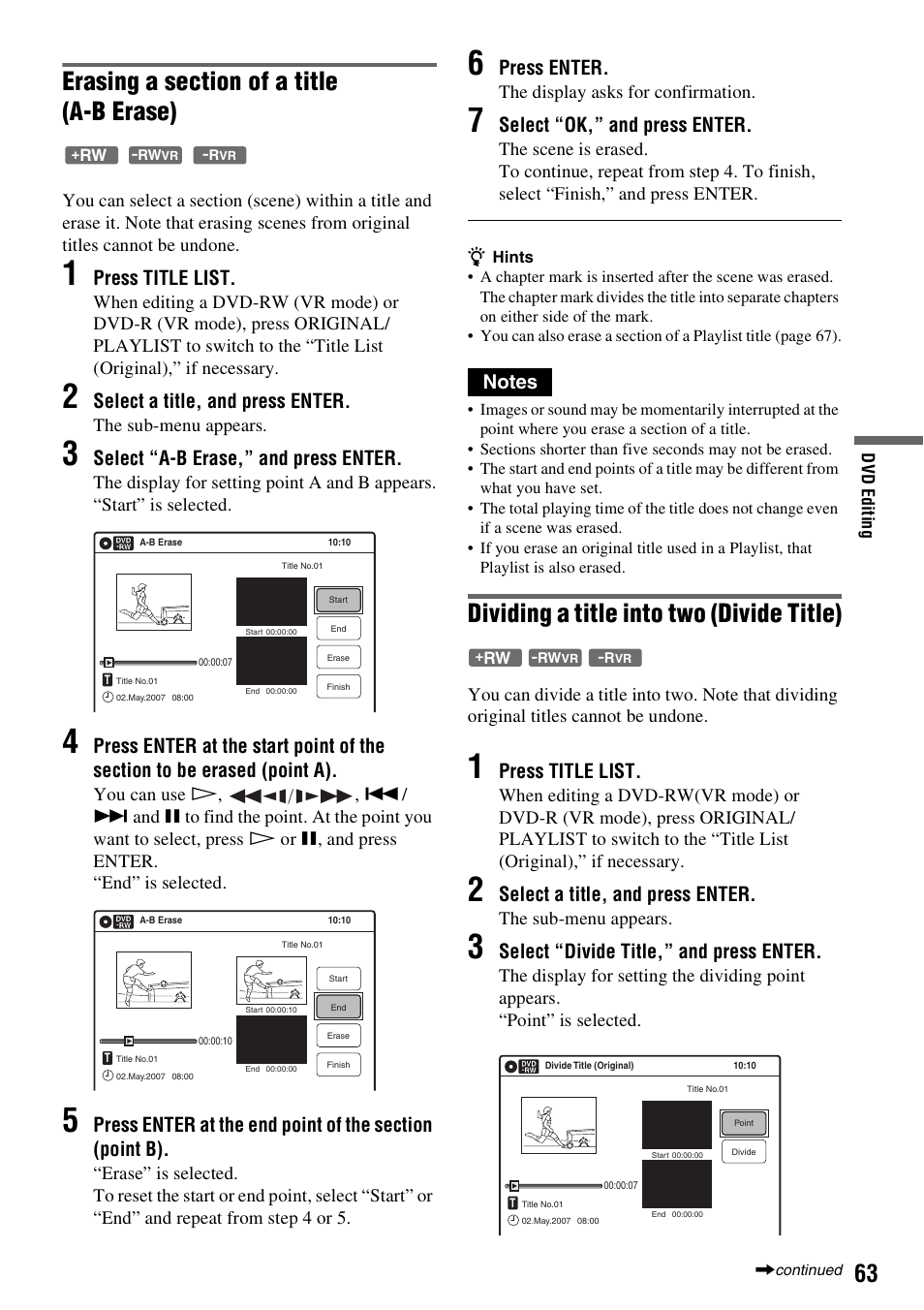 Dividing a title into two (divide title), Press title list, Select a title, and press enter | Select “a-b erase,” and press enter, Press enter, Select “ok,” and press enter, Select “divide title,” and press enter | Sony 3-213-480-12(1) User Manual | Page 63 / 132