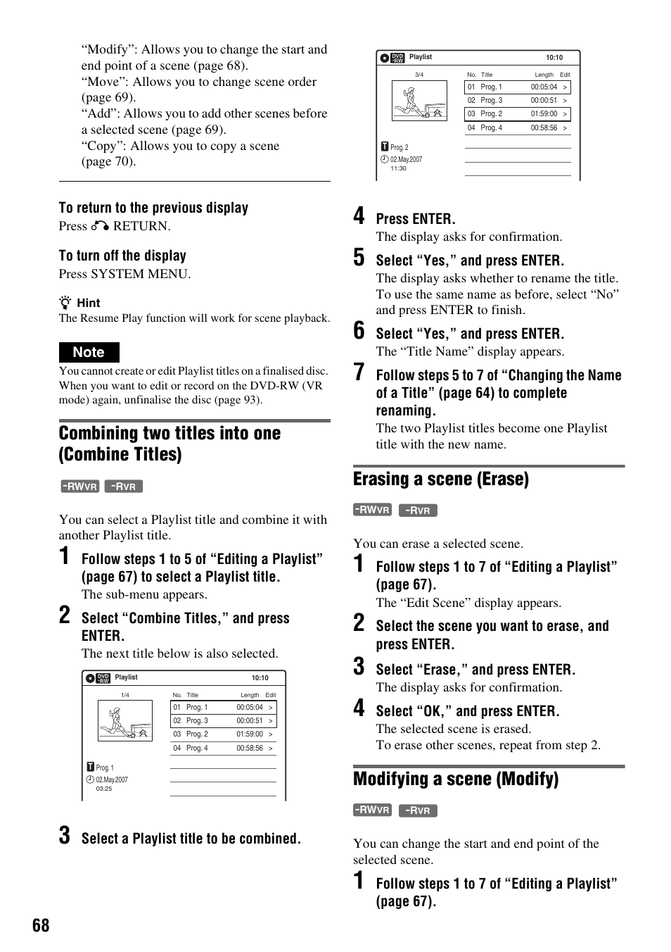 Combining two titles into one (combine titles), Erasing a scene (erase), Modifying a scene (modify) | Select “combine titles,” and press enter, Select a playlist title to be combined, Press enter, Select “yes,” and press enter, Select “erase,” and press enter, Select “ok,” and press enter | Sony 3-213-480-12(1) User Manual | Page 68 / 132