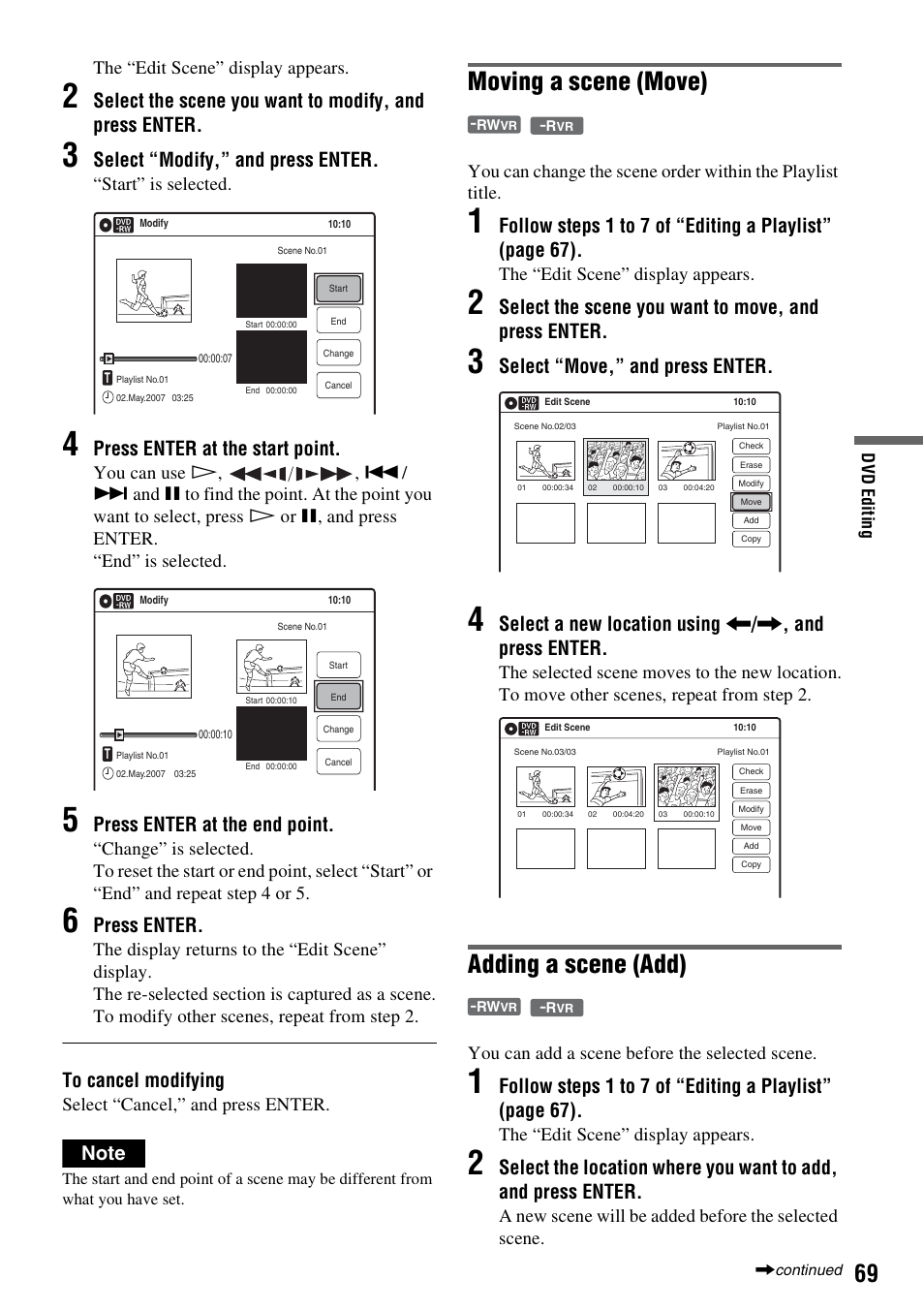 Moving a scene (move), Adding a scene (add), Select “modify,” and press enter | Press enter at the start point, Press enter at the end point, Press enter, Select the scene you want to move, and press enter, Select “move,” and press enter, The “edit scene” display appears, Start” is selected | Sony 3-213-480-12(1) User Manual | Page 69 / 132