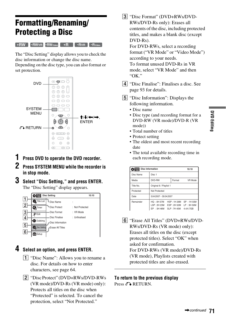 Formatting/renaming/ protecting a disc, Formatting/renaming/protecting a disc, Press dvd to operate the dvd recorder | Select “disc setting,” and press enter, The “disc setting” display appears, Press o return | Sony 3-213-480-12(1) User Manual | Page 71 / 132