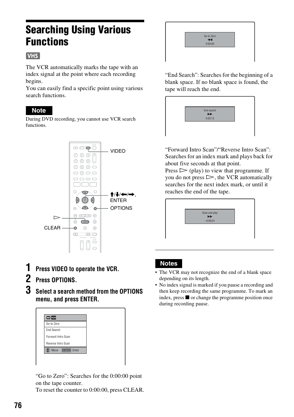 Searching using various functions, Press video to operate the vcr, Press options | Sony 3-213-480-12(1) User Manual | Page 76 / 132