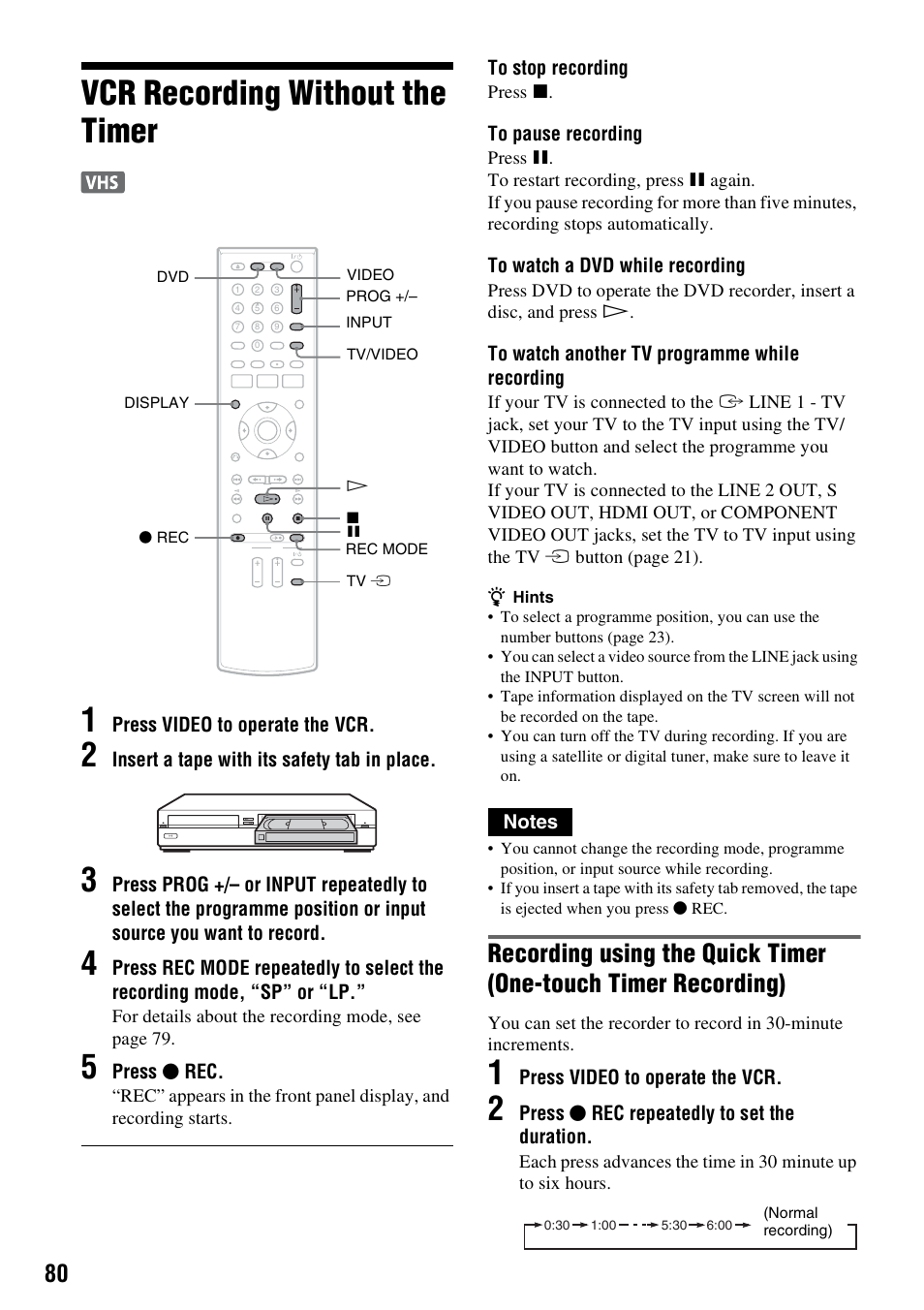Vcr recording without the timer, Vcr recording without the timer 1 | Sony 3-213-480-12(1) User Manual | Page 80 / 132
