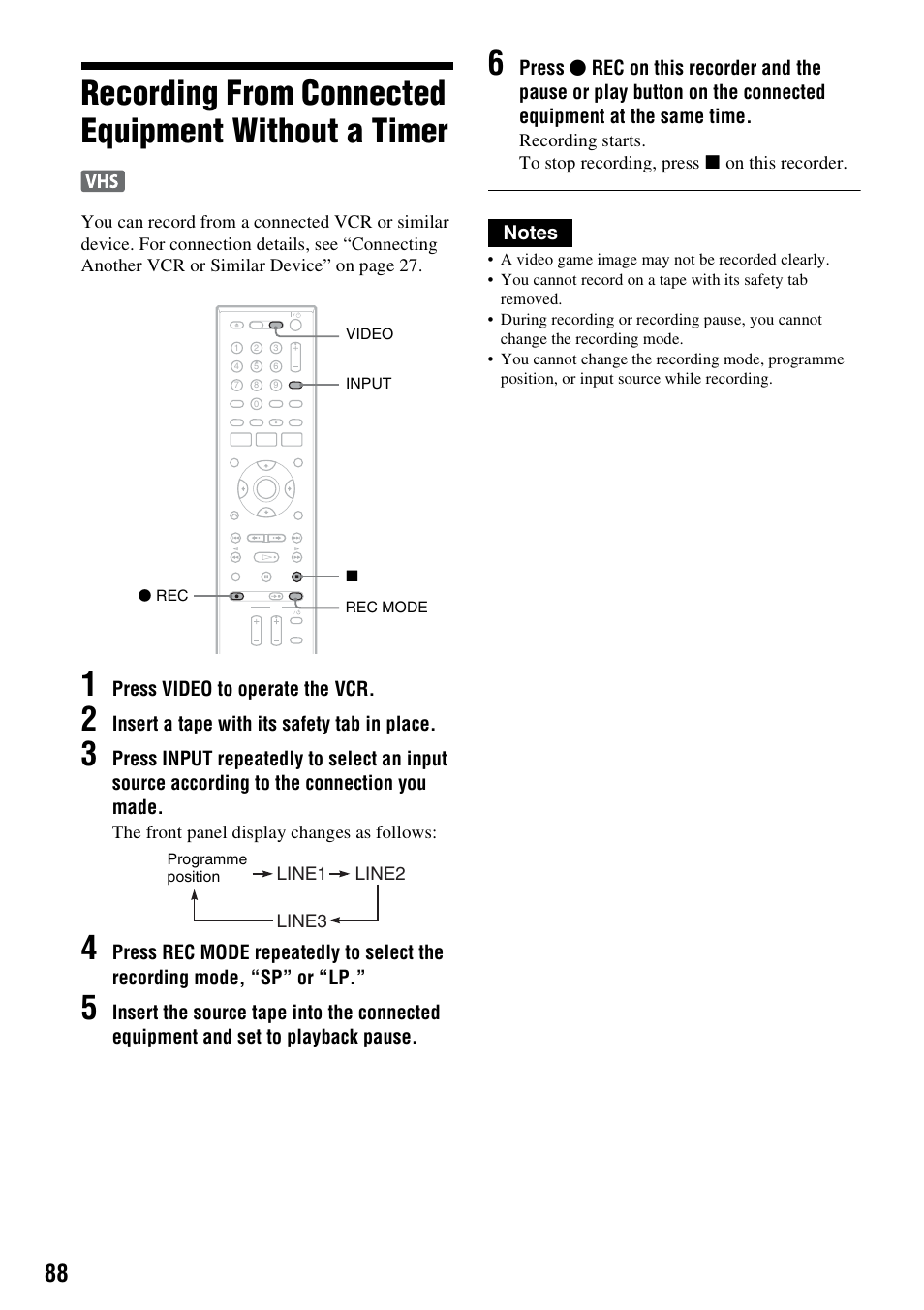 Recording from connected equipment without a timer | Sony 3-213-480-12(1) User Manual | Page 88 / 132