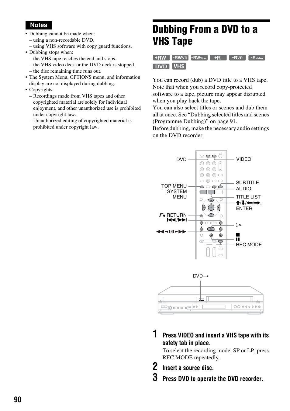 Dubbing from a dvd to a vhs tape, Insert a source disc, Press dvd to operate the dvd recorder | Sony 3-213-480-12(1) User Manual | Page 90 / 132