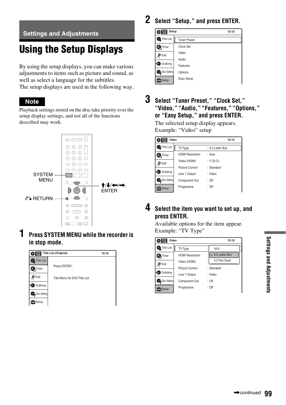 Settings and adjustments, Using the setup displays, Select “setup,” and press enter | Set tin g s and ad ju st m ent s | Sony 3-213-480-12(1) User Manual | Page 99 / 132