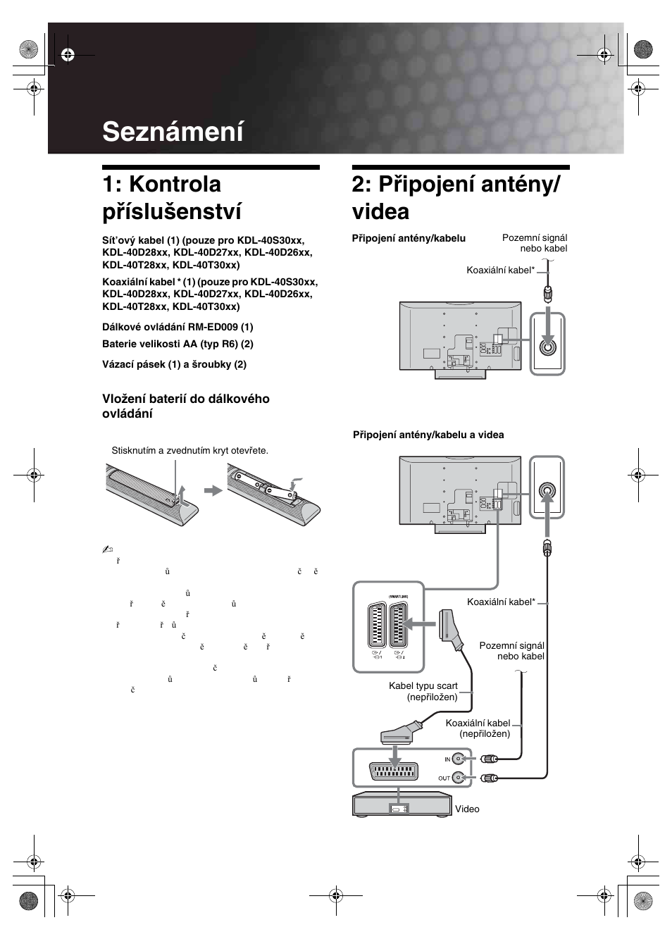 Seznámení, Kontrola příslušenství, Připojení antény/ videa | Sony BRAVIA KDL-32D28xx User Manual | Page 100 / 194