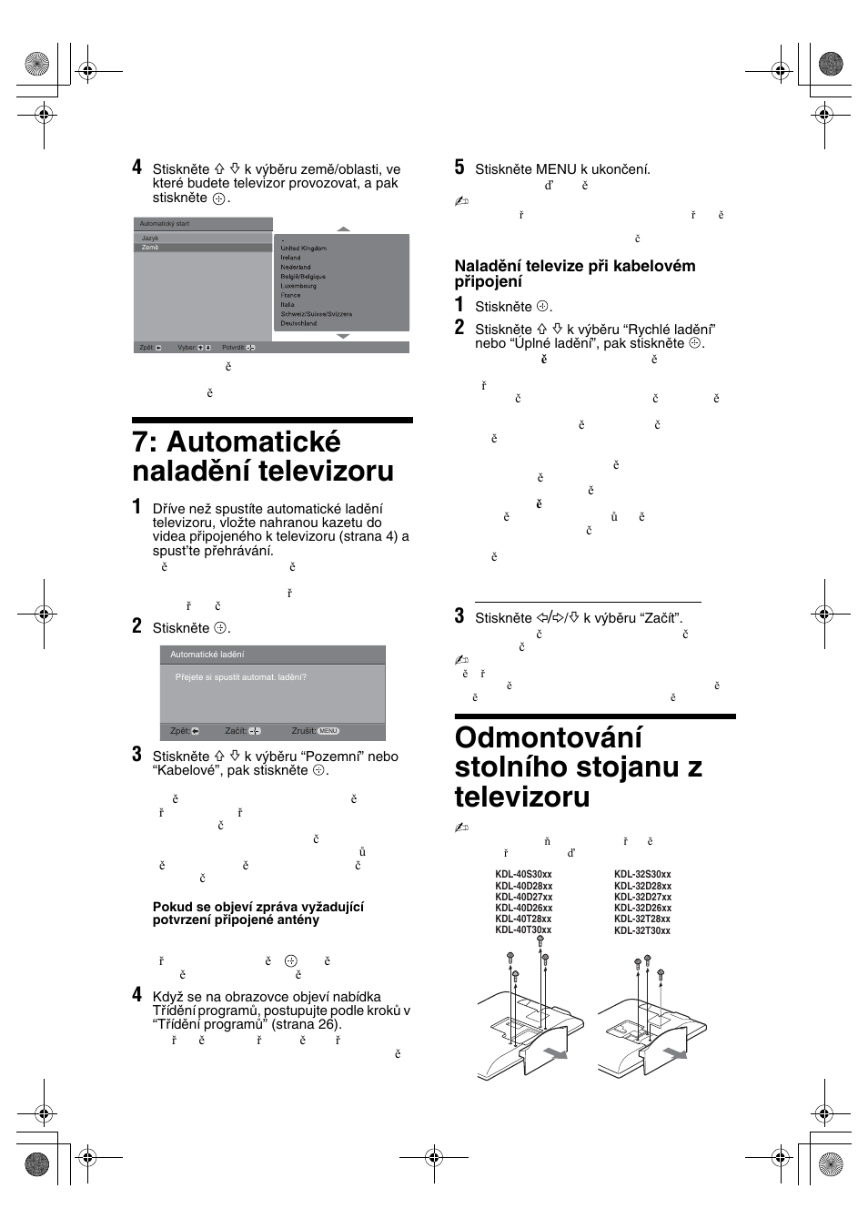 Automatické naladění televizoru, Odmontování stolního stojanu z televizoru | Sony BRAVIA KDL-32D28xx User Manual | Page 102 / 194