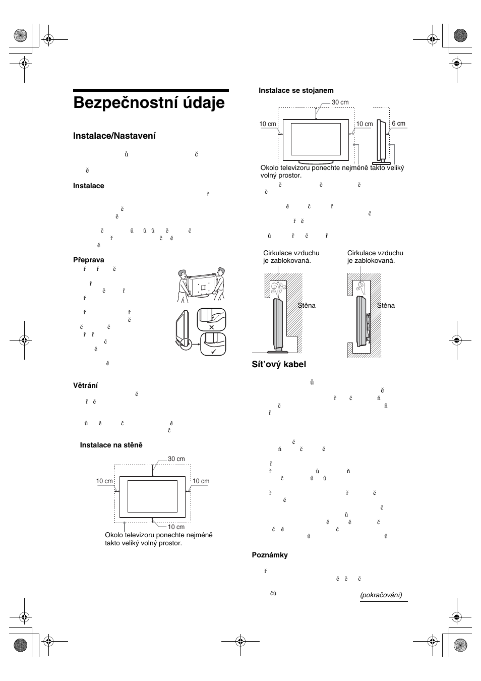 Bezpečnostní údaje, Instalace/nastavení, Sít’ový kabel | Sony BRAVIA KDL-32D28xx User Manual | Page 103 / 194