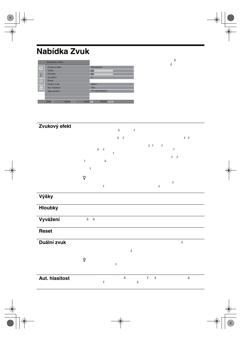 Nabídka zvuk, Zvukový efekt, Výšky | Hloubky, Vyvážení, Reset, Duální zvuk, Aut. hlasitost | Sony BRAVIA KDL-32D28xx User Manual | Page 118 / 194