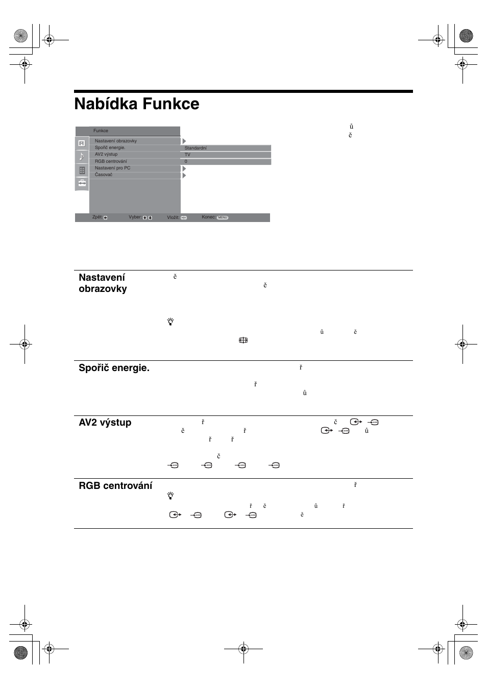 Nabídka funkce, Nastavení obrazovky, Spořič energie | Av2 výstup, Rgb centrování | Sony BRAVIA KDL-32D28xx User Manual | Page 120 / 194